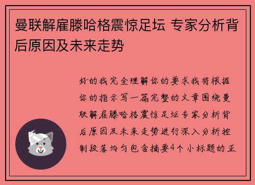 曼联解雇滕哈格震惊足坛 专家分析背后原因及未来走势